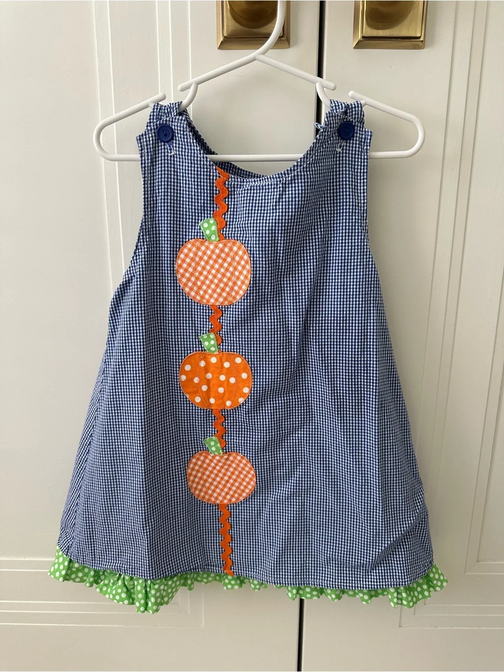 Reversible Blue Gingham Pumpkin & Turkey Appliqué Kids Dress - 2-in-1! 🎃🦃
